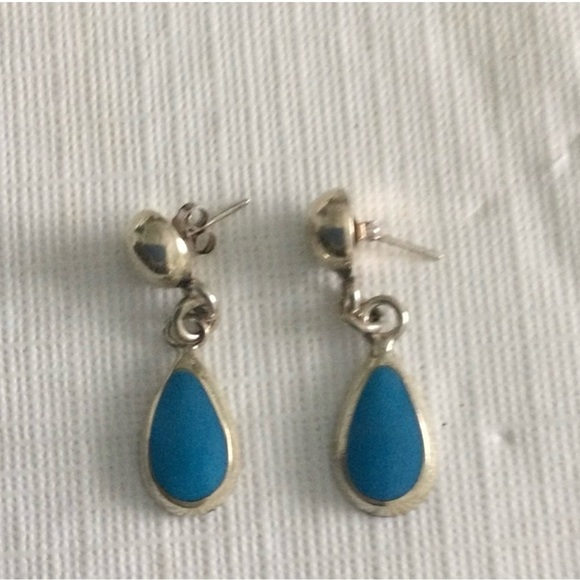 Tear Drop Turquoise Stone Sliver marked 925 Pierced Earrings  #5 - Picture 1 of 5